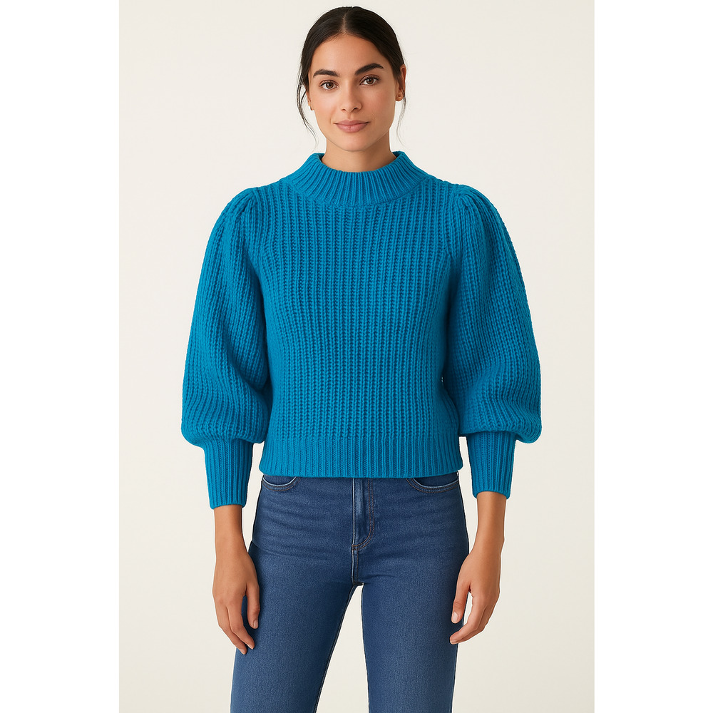 Sincerely Ours Bright Blue Chunky Knit Mock Neck‎ Sweater Retro Twee Small